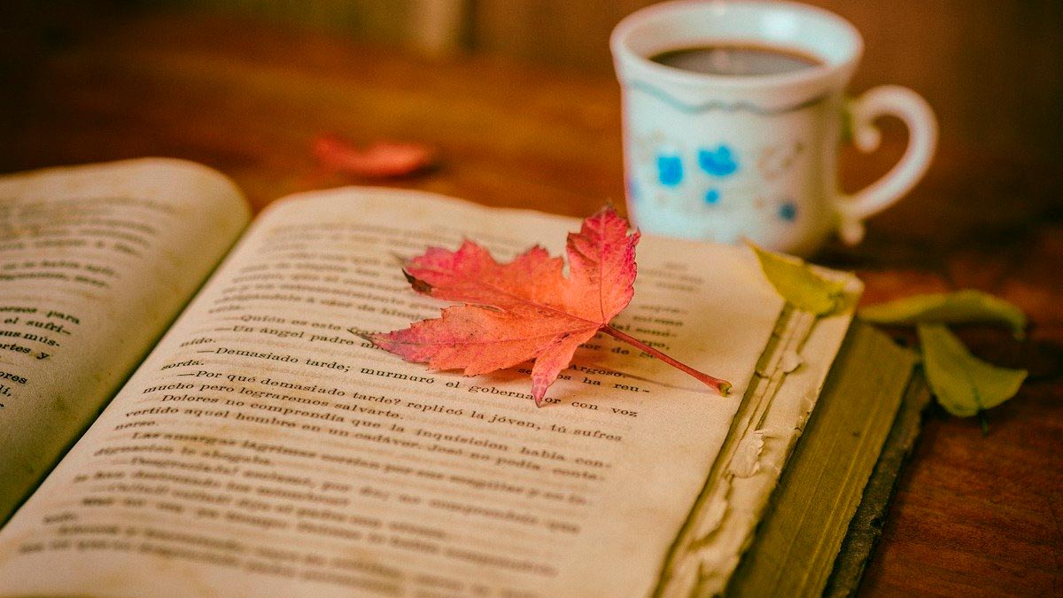 libro, hoja otoño y café